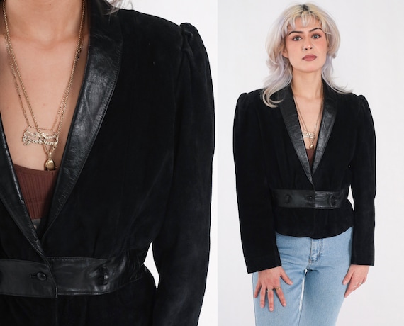 Black Suede Blazer 80s Wilson's Leather Puff Sleeve Jacket Bohemian Boho Hippie Coat Gothic Chic Button Up Vintage 1980s Small S