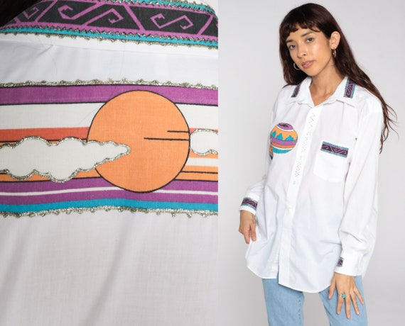 Southwestern Shirt 90s Sunset Shirt Native American Pottery Button Up Southwestern Shirt White Top Western 1990s Long Sleeve Men's Large