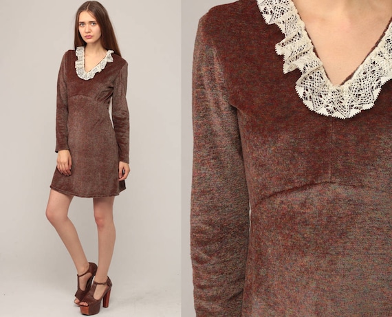 60s Mod Mini Dress LACE Trim 70s Boho Babydoll VELOUR Brown 1960s V Neck Vintage Empire Waist Bohemian Dolly Lolita Small