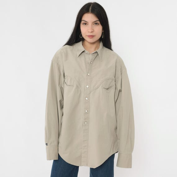 Vintage 90s Rockmount Ranch Wear Western Shirt Beige Diamond Snap Button Long Sleeve Cowboy Workwear Made in USA 1990s Men's Extra Large xl