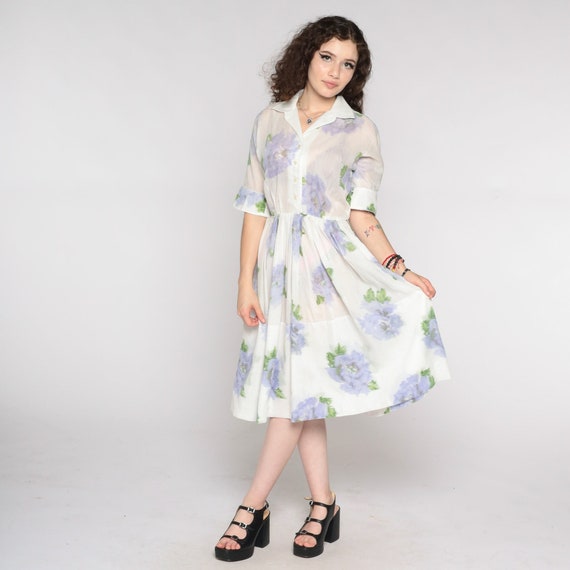 60s Floral Dress White Day Dress Semi-Sheer Shirtwaist Dress Midi Lavender 1960s Shirtdress Button Up Dress Vintage Short Sleeve Small