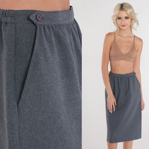 Charcoal Grey Skirt 80s Pencil Skirt High Waisted Midi Skirt Retro Basic Professional Secretary Plain Simple Vintage 1980s Small xs