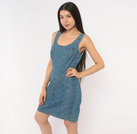 Rose Embroidered Denim Dress 90s Sleeveless Scoop Neck Mini Shift Blue Jean Cotton Floral Tank Sundress A Line Cottage Core Vintage Small S