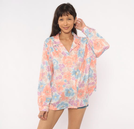 Pastel Floral Blouse 80s Shirt Coral Periwinkle Purple Collar Long Sleeve V Neck Relaxed Fit Spring Garden Top Cottagecore Vintage Large L