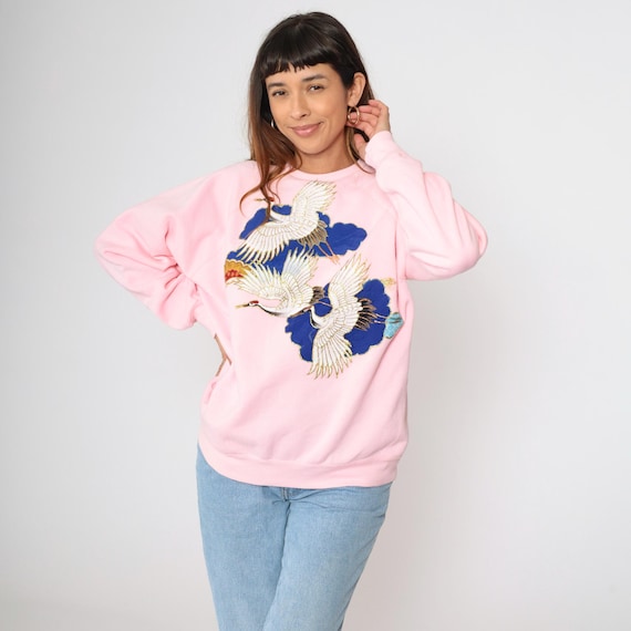 Vintage Crane Sweatshirt 80s Pink Flying Birds Glitter Print Japanese Style Pullover Tultex Crewneck 1980s Raglan Sleeve Large L