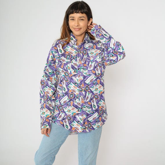 Vintage Wrangler Southwest Shirt Purple Paisley Button Up 90s Western 1990s Long Sleeve Men's 16 1/2 - 34 X-Long Tails Cowboy Cut