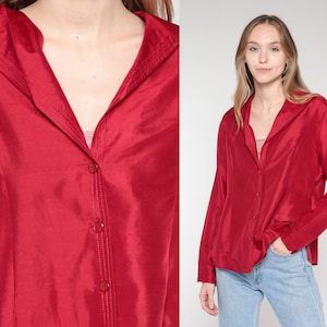 Red Silk Blouse Y2k Button Up Shirt Retro Plain Simple Long Sleeve Blouse Girly Basic Button Down Minimalist Chic Vintage 00s Extra Large xl