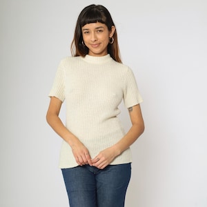 Vintage Cream Knit Shirt 70s Sweater Top Retro Mock Neck Ribbed Short Sleeve Blouse Plain Minimalist Seventies 1970s Small Medium