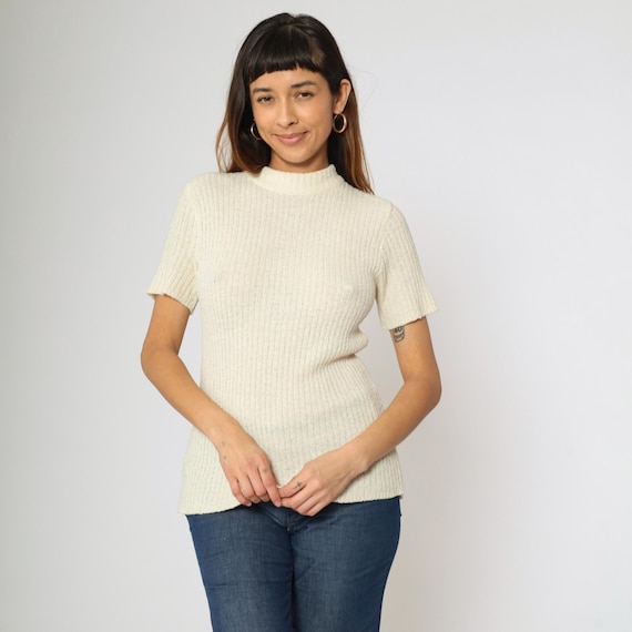 Vintage Cream Knit Shirt 70s Sweater Top Retro Mock Neck Ribbed Short Sleeve Blouse Plain Minimalist Seventies 1970s Small Medium