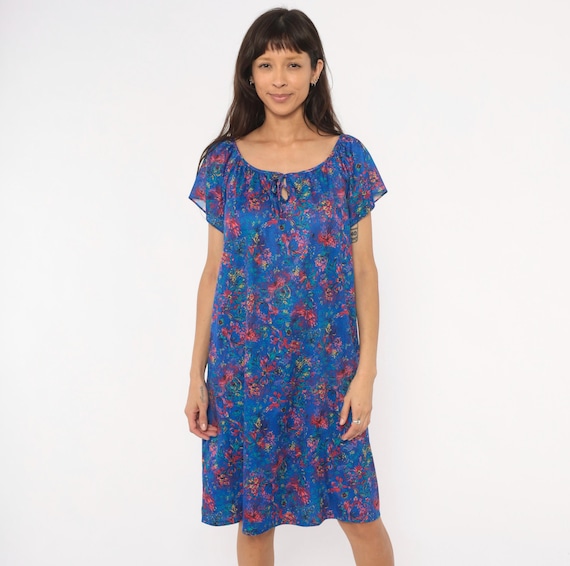 70s Floral Shift Dress Cobalt Blue Pink Chrysanthemum Flutter Sleeve Drawstring Tie Peasant Summer Garden Wildflower Vintage Extra Large XL
