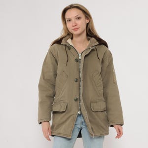 May include: An olive green winter coat with a brown faux fur-lined hood. The coat has a zipper and button closure, two front pockets, and a small pocket on the left sleeve. The model is wearing blue jeans.
