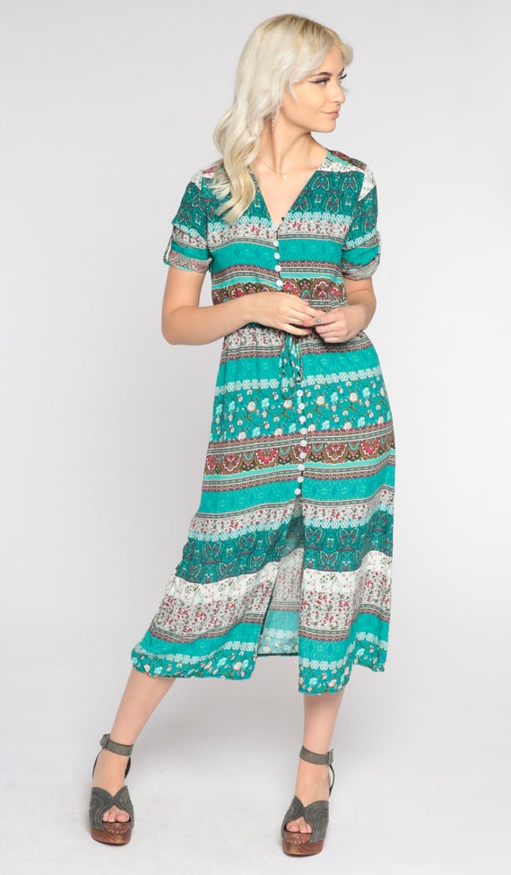 Boho Midi Dress Y2K Turquoise High Slit Floral St… - image 4