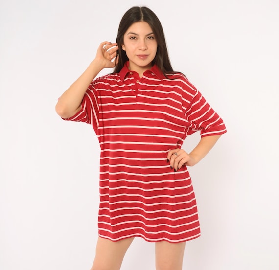 90s Striped Polo Shirt Red White Short Sleeve Collared Chest Pocket Boxy Fit Preppy Collegiate Nautical Summer Top Unisex Vintage Medium M