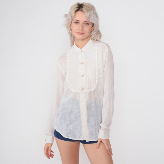 70s Tuxedo Blouse Semi-Sheer White Gauze Toggle Button up Shirt Bib Top Long Sleeve Retro Boho Hippie Bohemian Vintage 1970s Medium M