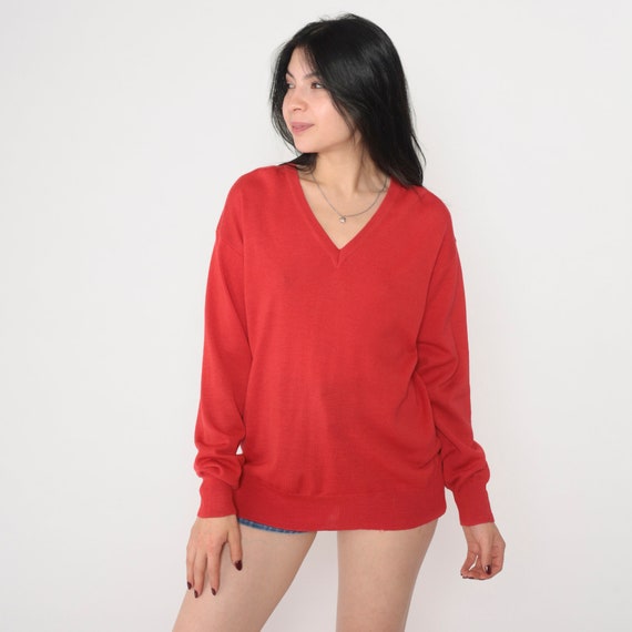 Red Wool Sweater 70s V Neck Pullover Knit Sweater Basic Retro Jumper Simple Minimalist Knitwear Plain V-Neck Vintage 1970s Chiemar Medium M