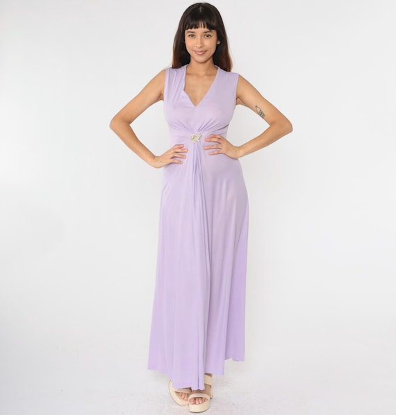 70s Maxi Party Dress Rhinestone Butterfly Pastel Lavender Gown Long Grecian Dress Boho Deep V Neck 1970s Vintage Sleeveless Bohemian Small