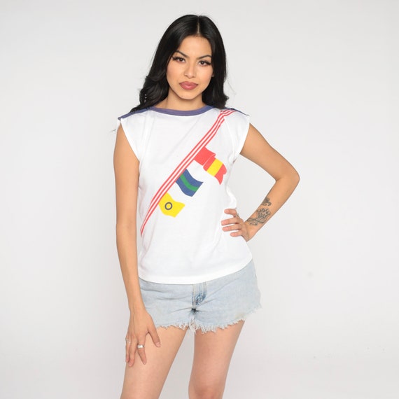 Nautical Flag Shirt 80s Cap Sleeve Sailor Tshirt Retro Graphic Tee Hipster Boatneck Tank Top Button Summer T-Shirt Vintage 1980s Small S