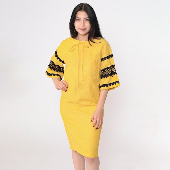 Vintage 1960s Mod Bell Sleeve Dress Yellow Black Crochet Boho Folk Shift 60s Bow Tie Neckline Knee Length California Made Midi Small S