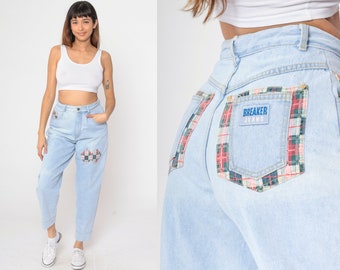 90s Patchwork Jeans Mom Jeans Plaid Patch Jeans Light Blue High Rise Waist Relaxed Tapered Leg Denim Pants Grunge 1990s Vintage Small 29