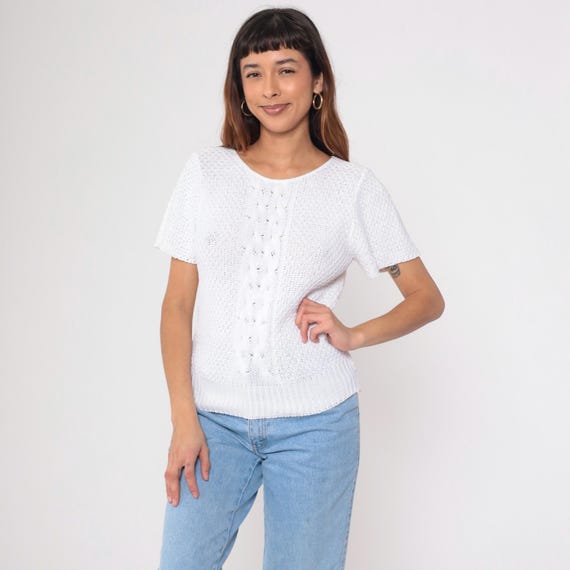 Vintage Cable Knit Sweater Top 80s White Cotton Short Sleeve Sweater 1980s Slouchy Boho Plain Extra Small xs