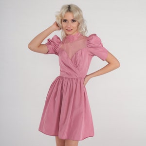 Pink Party Dress 70s Puff Sleeve Mini Dress Sheer Lace Illusion Sweetheart Neckline High Neck Floral Trim Victorian Vintage 1970s 2xs xxs