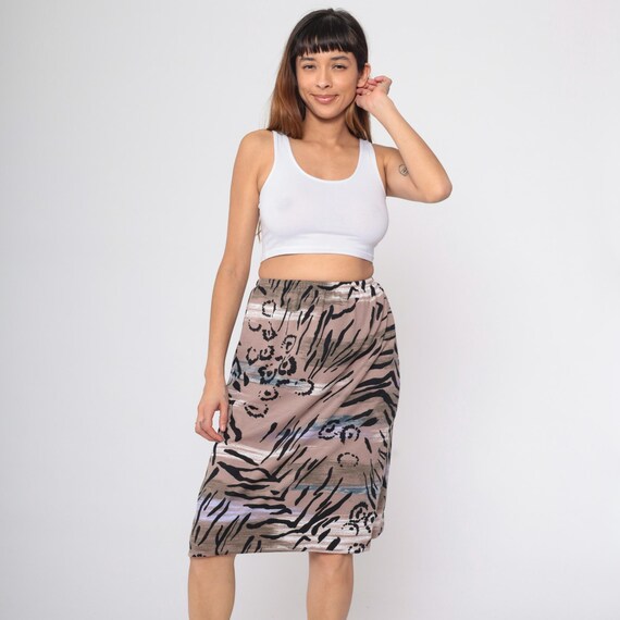 90s Abstract Floral Skirt Tropical Jungle Skirt Summer Midi Skirt Taupe Botanical Print High Waist Hippie Festival Vintage 1990s Small xs