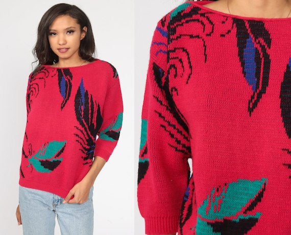 Pink Leaf Sweater 80s Sweater Knit 3/4 Sleeve Boho Slouchy Pullover 1980s Vintage Small S
