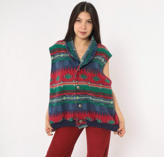 90s Southwestern Fleece Vest Red Blue Geometric Print Button Front Shawl Collar Green Aztec Western Waistcoat Pockets Grunge Large L