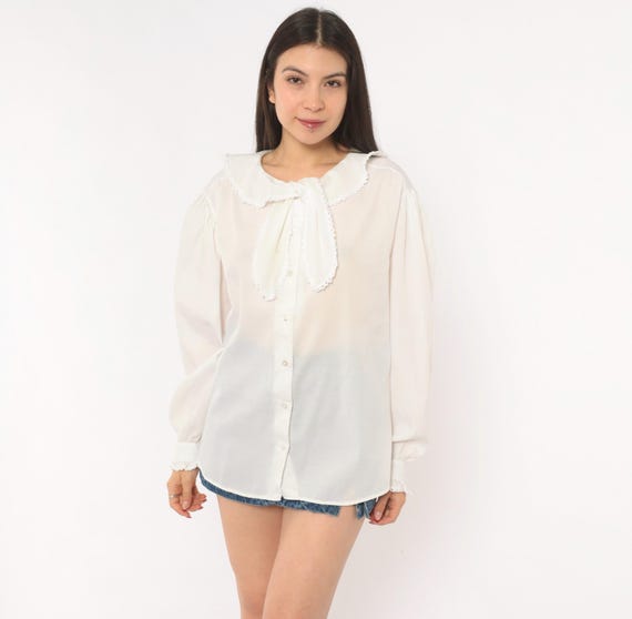 70s Sheer Lace Collar Bow Blouse White Puff Sleeve Prairie Shirt Trim Cottagecore Cream Top Off White Romantic Victorian Poet Extra Large XL