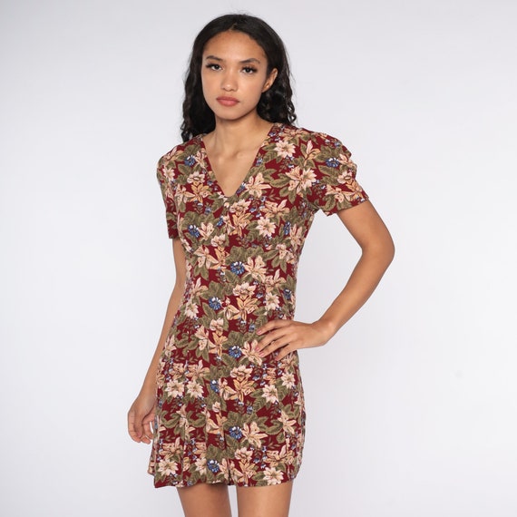Burgundy Floral Romper 90s Grunge Mini Empire Waist Playsuit Wide Leg 1990s Boho Vintage Short Sleeve Summer Rayon Small Medium