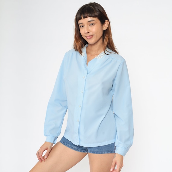 Baby Blue Blouse 70s Sheer Lace Collar Top Boho Button Up Shirt Pastel Bohemian Vintage 1970s Shirt Long Sleeve Medium Large