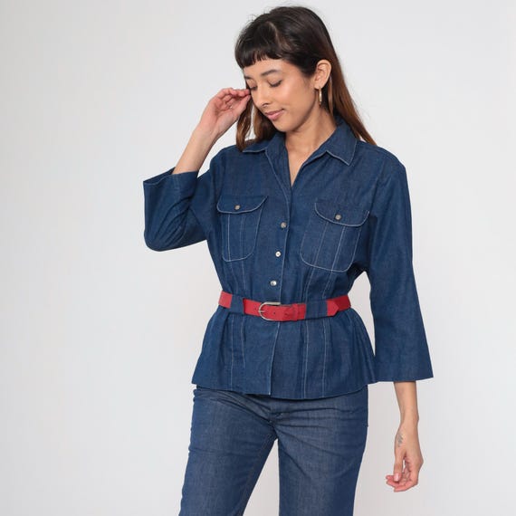 Vintage 80s Chambray Blouse Denim Look Button Up Structured Belted 3/4 Long Sleeve Collared Top Dark Wash Blue Chest Pocket Shacket Medium