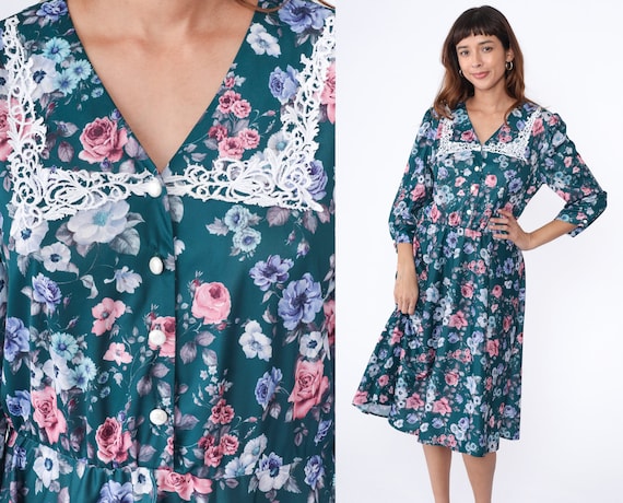 80s Floral Dress Lace Collar Granny Dress Midi Puff Sleeve Green High Waisted Shirtdress Rose Print Vintage Button Up Pink Purple Large