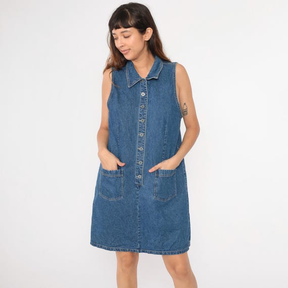 Vintage Denim Mini Dress 90s Button Up Jean Dress Sheath Basic Dress Retro High Waist Sleeveless Blue Cotton Plain 1990s Medium Large