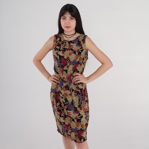 Tropisches Blumenkleid Y2k Minikleid Schwarz Olivgrün Etui Ärmelloses Sommerkleid Sommerkleid Tank Vintage 00er Jahre Rayon Rot Lila Medium