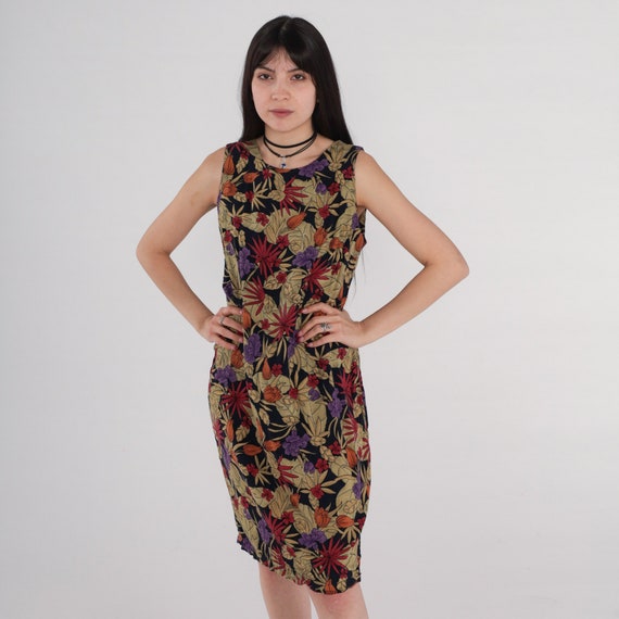 Tropical Floral Dress Y2k Mini Dress Black Olive Green Sheath Sleeveless Sundress Summer Tank Vintage 00s Rayon Red Purple Medium