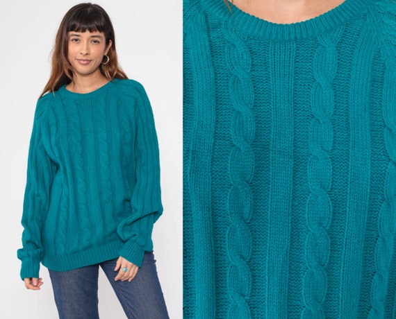 Vintage 80s Teal Cable Knit Jumper XL main image 1