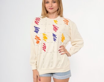 Vintage Brushstroke Sweatshirt 80s 90s Cream Rainbow Crewneck Sweatshirt Bright Shirt Slouchy 1980s Athletic Pullover Medium