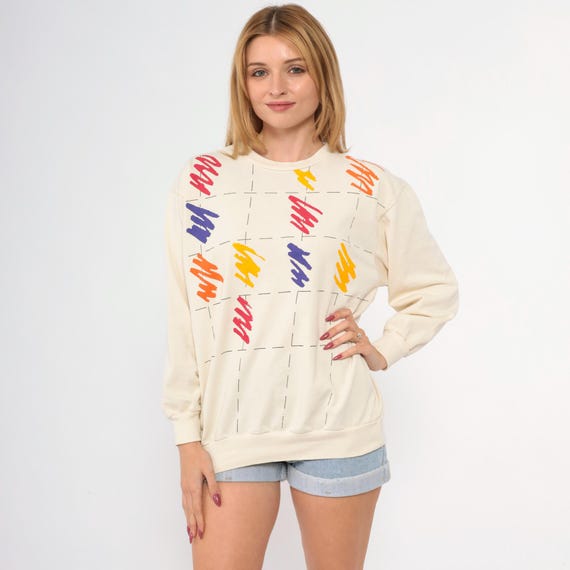 Vintage Brushstroke Sweatshirt 80s 90s Cream Rainbow Crewneck Sweatshirt Bright Shirt Slouchy 1980s Athletic Pullover Medium