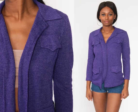 Purple Wrap Sweater 70s Boho Cardigan Sweater Vintage Hippie Acrylic Bohemian Cardigan Knit Open Front 1970s Small S