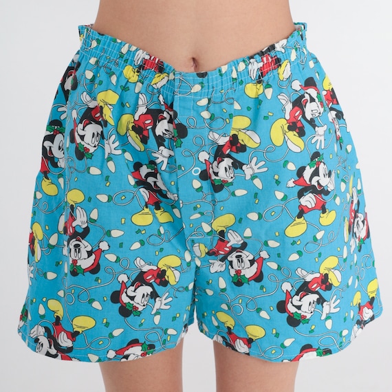 Mickey Mouse Boxer Shorts 90s Christmas Disney Underwear Walt Disney PJs Retro Pajama Shorts Elastic Waist Blue Cotton Vintage 1980s Large L