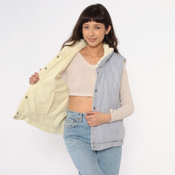 Reversible Quilted Vest 80s Yellow Gray Puffer Padded Collar Sleeveless Jacket Vintage Outerwear Grandpacore Two Tone Cream Silver Medium M