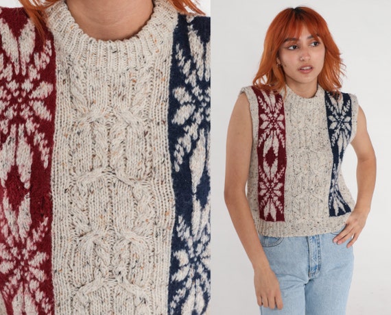 Fair Isle Sweater Vest Top Oatmeal Nordic Cable Knit Vest Nerd Sweater 90s Sleeveless Hippie Flecked Sleeveless Vintage 1990s Extra Small xs