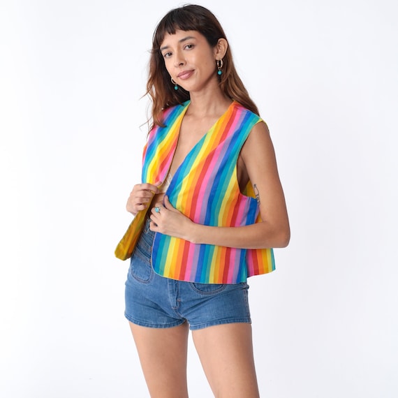 Rainbow Vest 70s Striped Open Front Vest Top Psychedelic Groovy Hippie Boho Festival Colorful Sleeveless Jacket Summer Vintage 1970s Medium