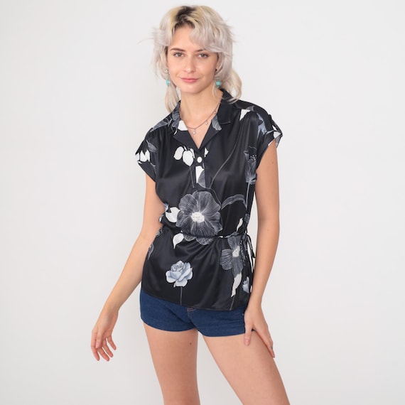 Black Floral Top 80s Satin Button Down Tie Waist Blouse Short Sleeve White Gray Flower Print Vintage Collared V Neck Evening Summer Medium M