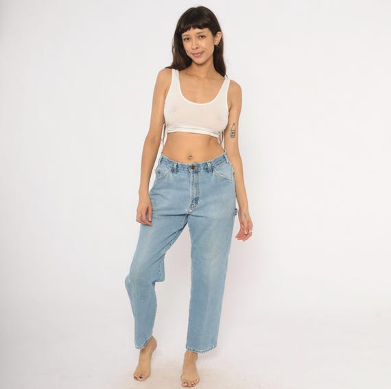 Dickies Carpenter Jeans 2000s Light Wash Denim Workwear Utility Pants Straight Leg Blue Distressed Cotton Work Wear Streetwear Small S