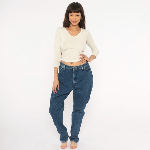 Wrangler High Rise Jeans 2000s Dark Wash Denim Straight Leg Cotton Blue Pants Relaxed Fit Mom Tapered Vintage Western Work Wear  32 x 33