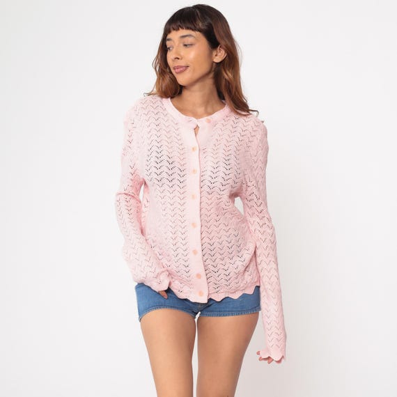 70s Pink Cardigan Crochet Chevron Pattern Vintage Knit Acrylic Pointelle Pastel Button Front Scalloped Hem Spring Sweater Coquette Medium M