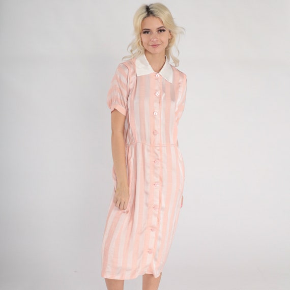 Striped Silk Dress 80s 90s Button Up Midi Dress Pink White Collar Retro Girly Lolita Dolly Preppy Collared Short Sleeve Vintage Medium