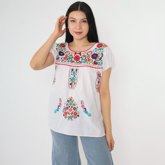 Mexican Floral Blouse 90s Embroidered Top White Flower Peasant Hippie Short Sleeve Tent Shirt Cotton Vintage 1990s Small S